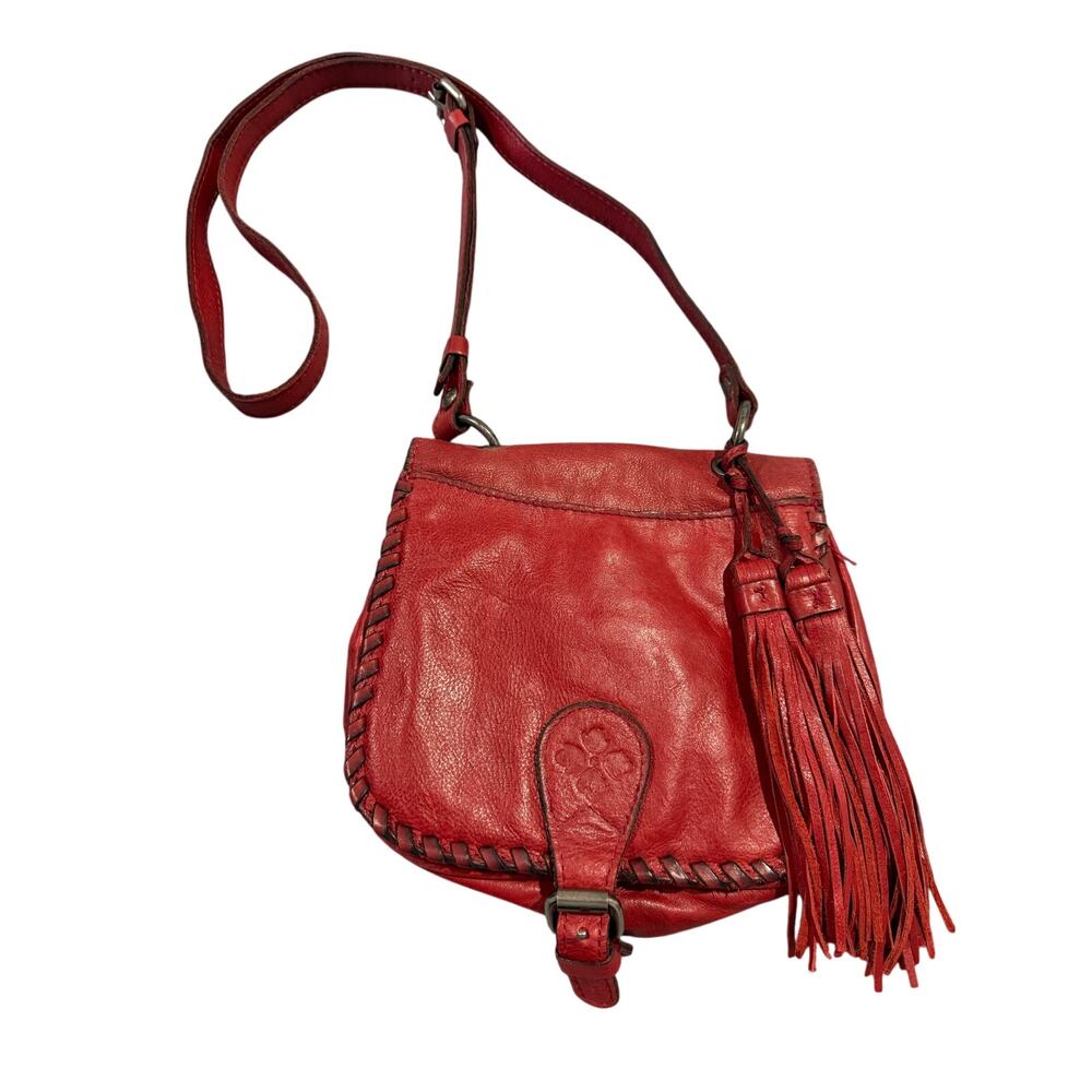 Patricia Nash Karisa Leather Whipstitch Saddle Bag Berry Red Tassels
